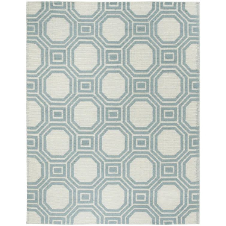 Ivory and Light Blue Geometric Wool 4' x 6' Area Rug