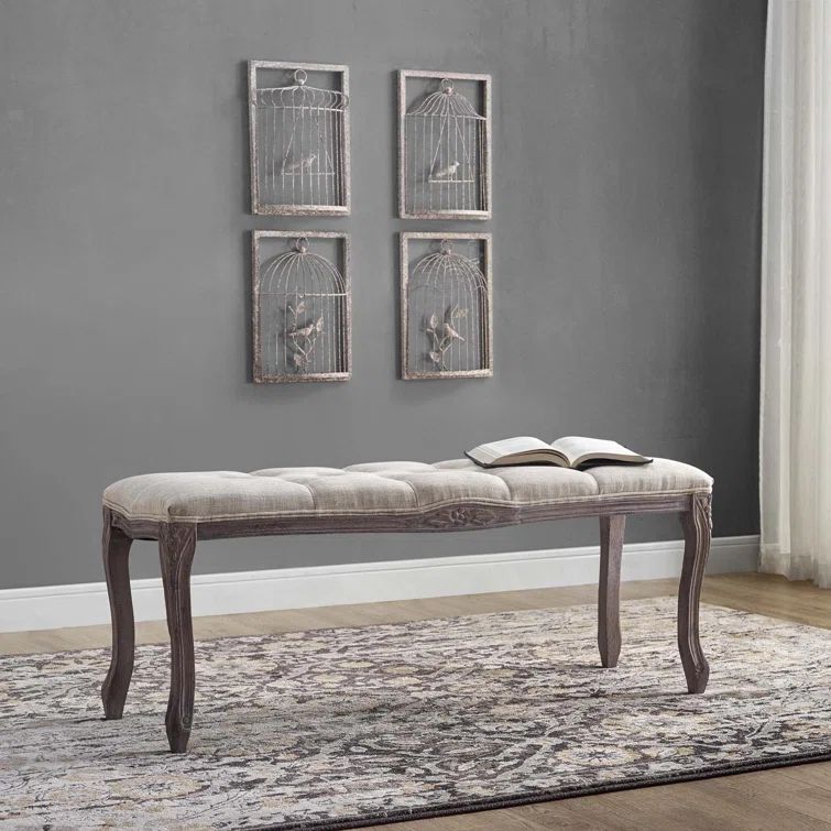 Vintage French Elegance Cream Tufted Bench with Gray Wood Legs