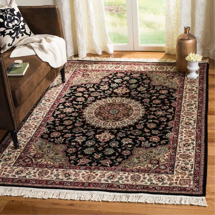 Elegant Kerman Hand-Knotted Black and Ivory Wool Rug 9' x 12'