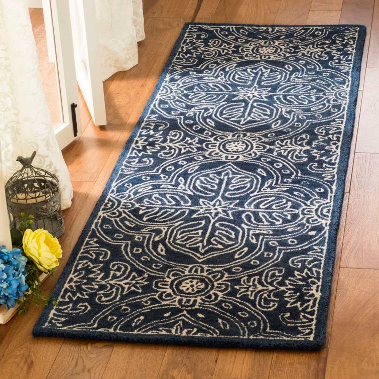 Navy and Ivory Hand-Tufted Wool Runner Rug 2'3" x 10'
