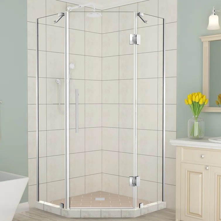 Merrick 34" x 72" Frameless Neo-Angle Hinged Shower Enclosure in Stainless Steel