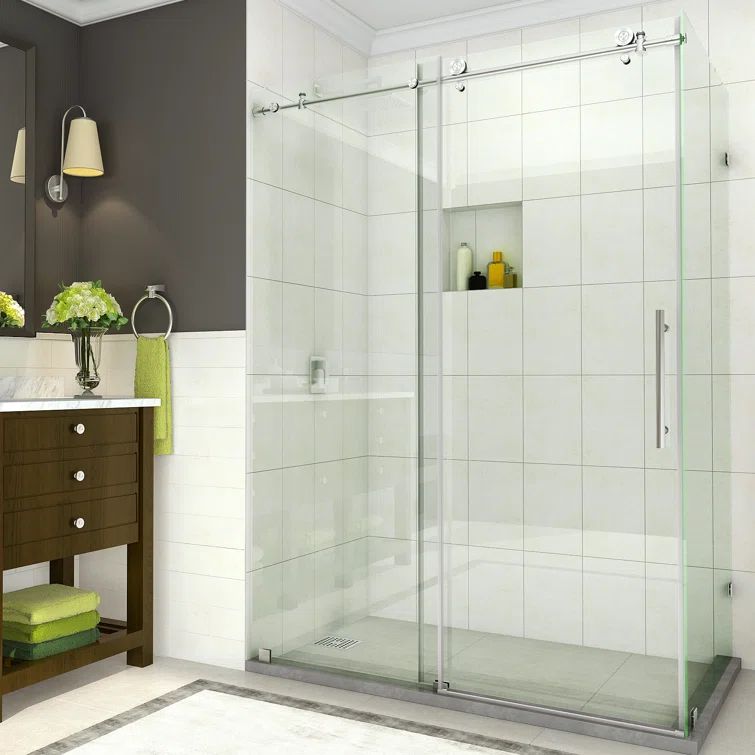 Coraline Frameless Sliding Shower Enclosure with Clear Glass and Stainless Steel Hardware