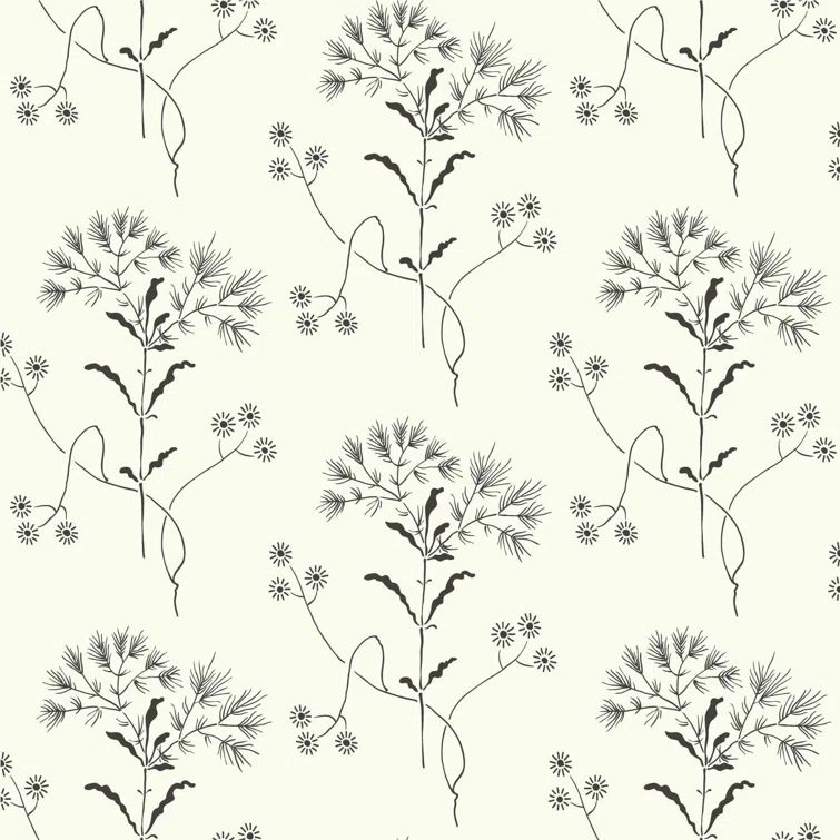 Black and White Vinyl-Coated Floral Wallpaper Roll