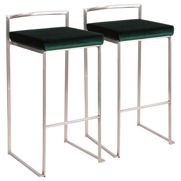 Set of 2 Green Velvet and Steel Low Back Bar Stools