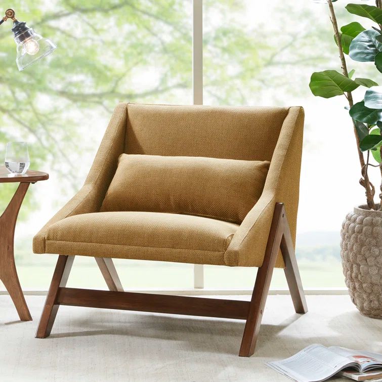Mustard Yellow Leather and Wood Chaise Lounge Chair
