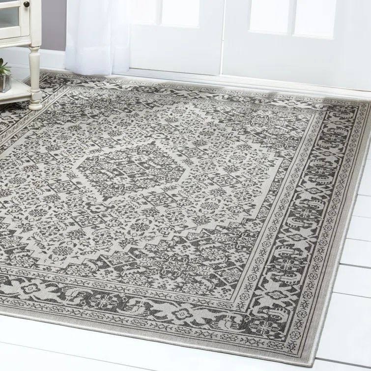 Gray and Black Medallion Synthetic Washable Rectangular Rug