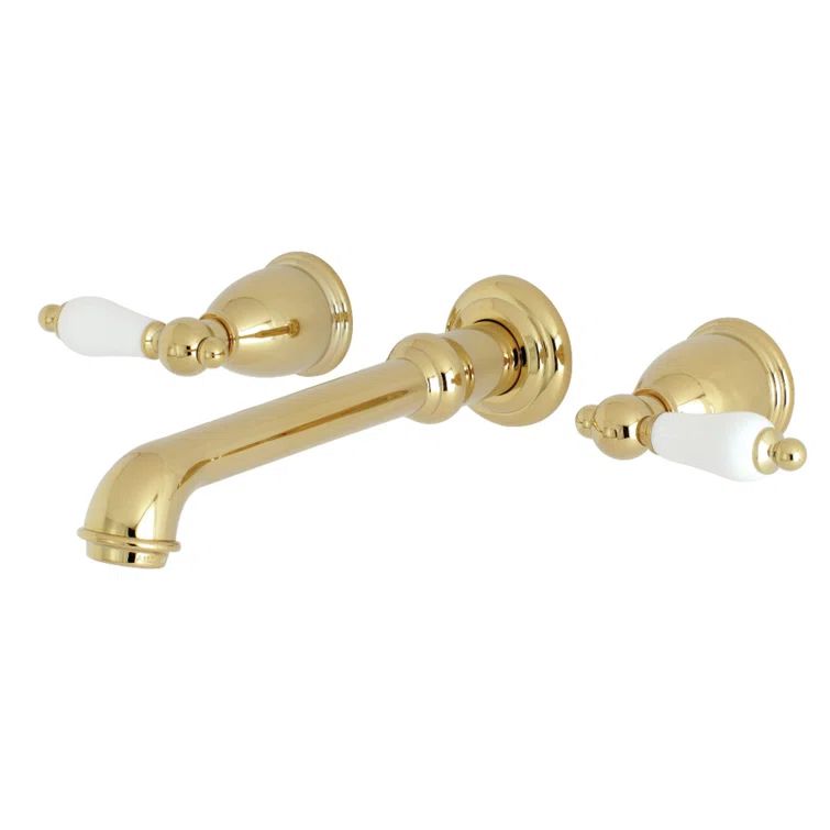 Polished Brass Wall Mounted Bathroom Faucet with Lever Handles