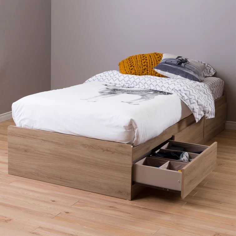 Rustic Oak Twin Wood Platform Bed with Storage Drawers