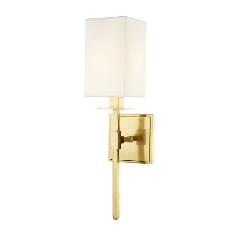 Aged Brass 1-Light Wall Sconce with Off-White Shade