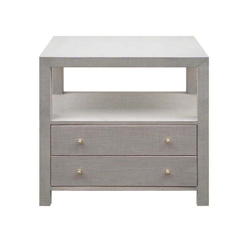 Gray Grasscloth and Metal Rectangular End Table with Storage