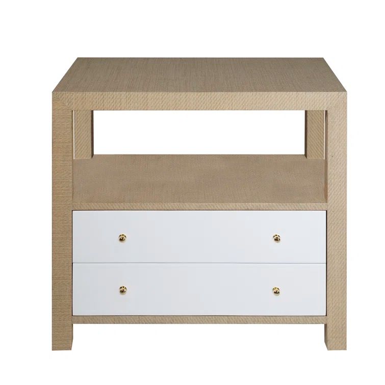 Natural Grasscloth and White 2-Drawer Rectangular End Table
