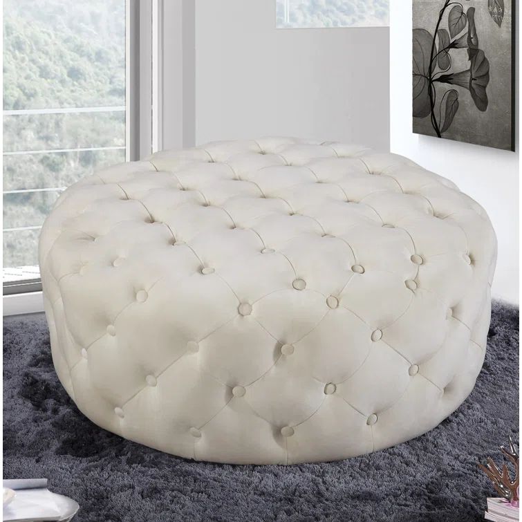 Cream Velvet Tufted Round Ottoman Bench