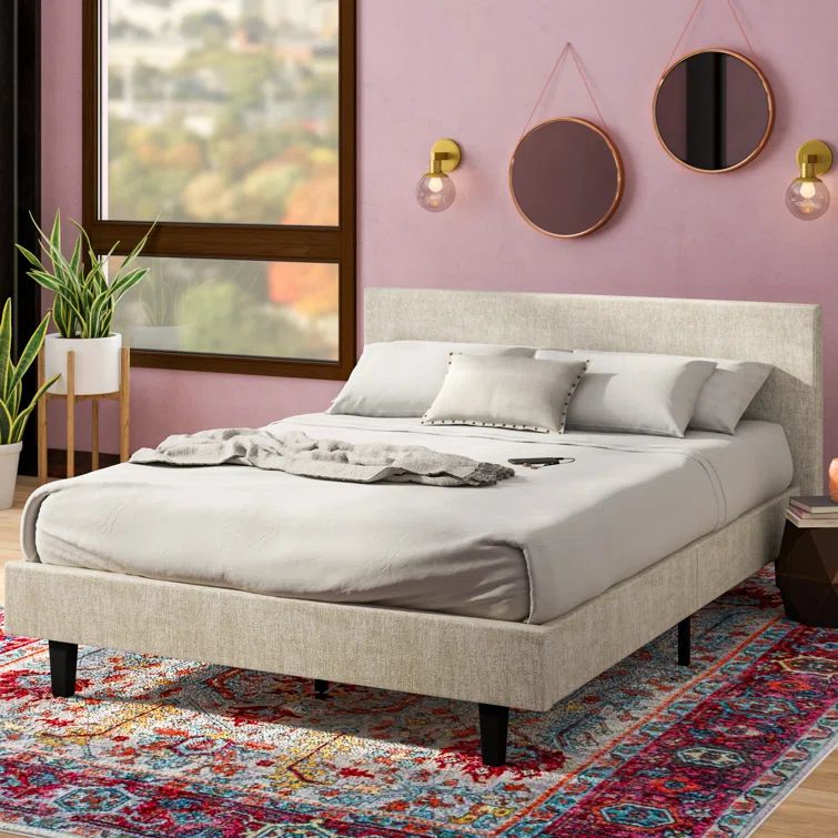 Beige Full Upholstered Tufted Wood Platform Bed