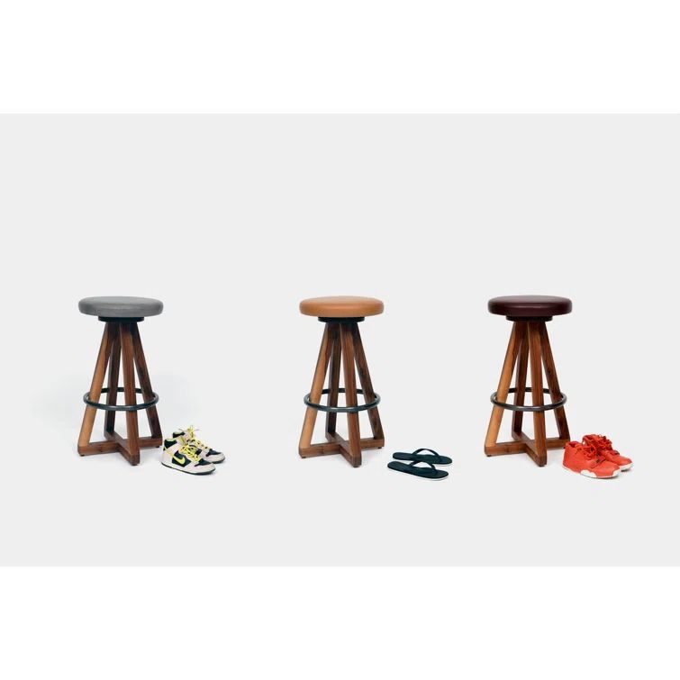 30'' Earth Brown Leather Swivel Bar Stool with Blackened Steel Base