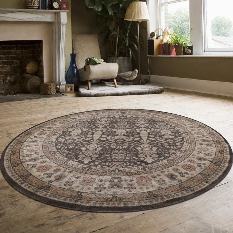Garda Brown Round Synthetic Oriental Floral Area Rug
