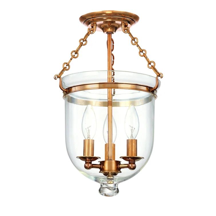 Aged Brass and Clear Glass 3-Light Semi Flush Mount