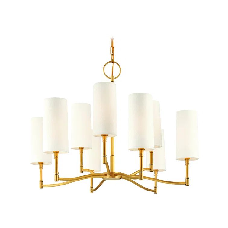 Elegant Aged Brass 9-Light Chandelier with Off-White Linen Shades