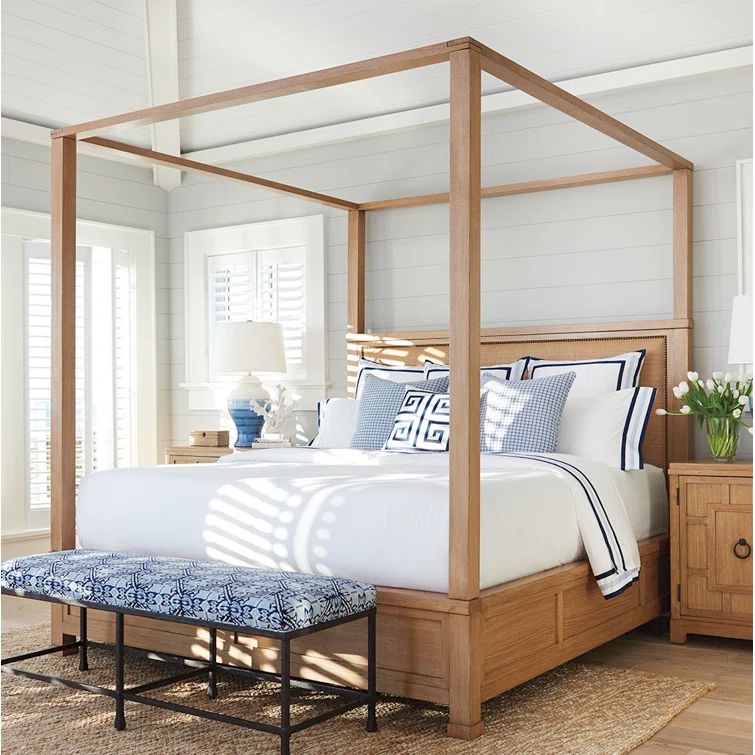 Sandstone Queen Wood Frame Canopy Bed with Upholstered Headboard