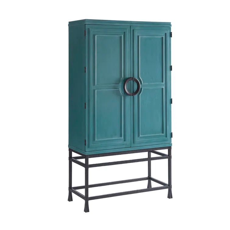 Seaglass Green and Blue Transitional Bar Cabinet with Bronze Base