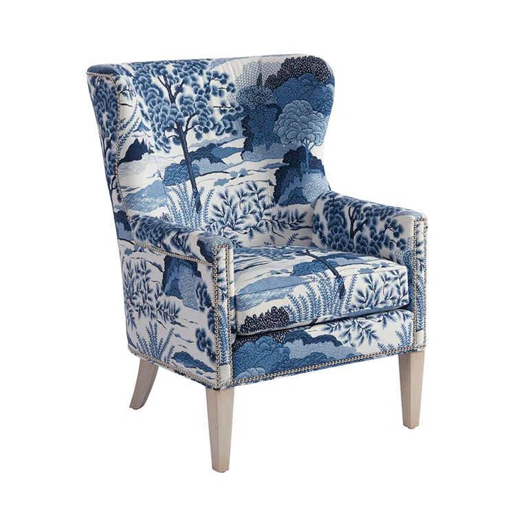 Cameo Shores Blue Linen Blend Wingback Chair with Nickel Nailhead