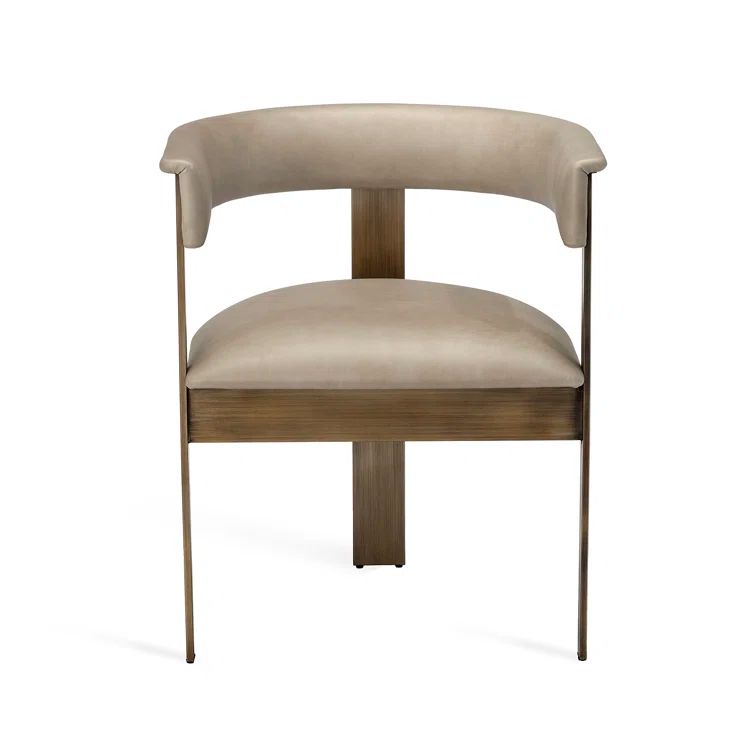 Taupe Genuine Leather Upholstered Arm Chair with Antique Bronze Metal Frame