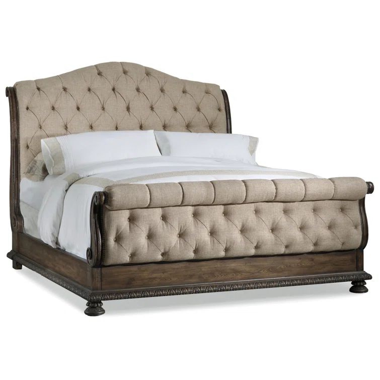California King Brown Upholstered Wood Sleigh Bed with Tufted Headboard