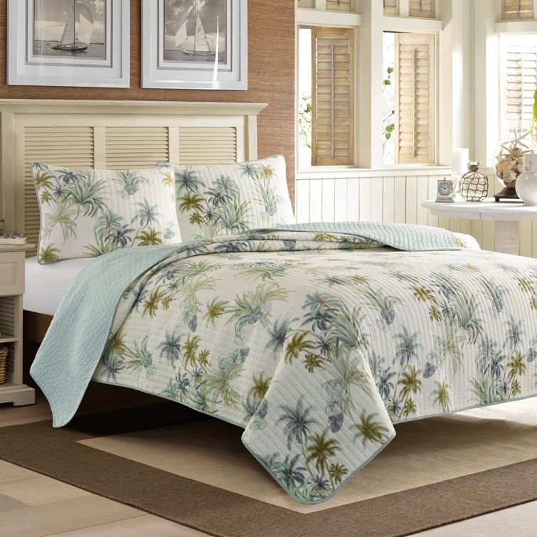 Serenity Palms King Blue Cotton Reversible Quilt Set