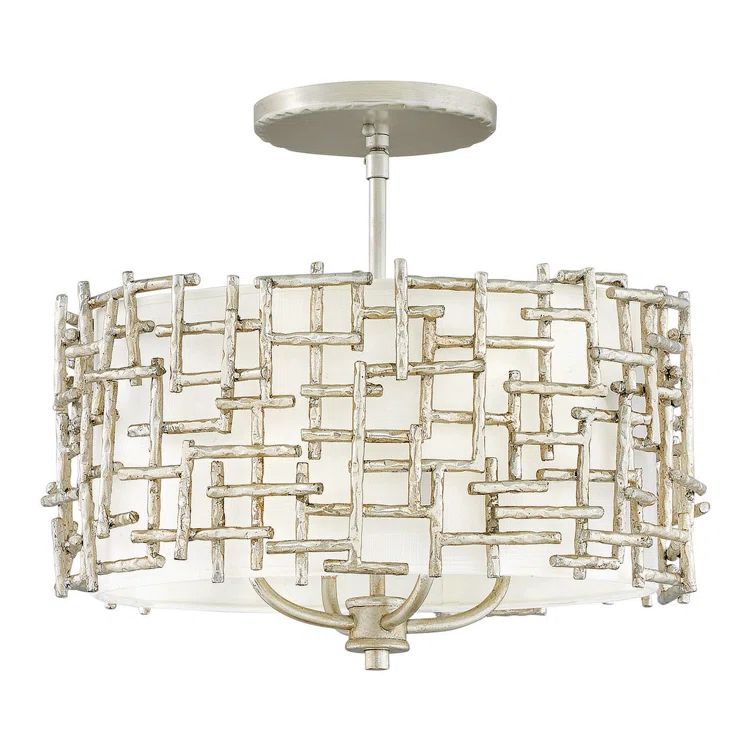 Farrah Silver Leaf 4-Light Drum Pendant with White Linen Shade