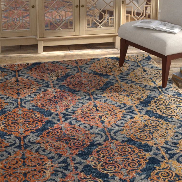 High Pile Blue and Orange Synthetic Boho Area Rug