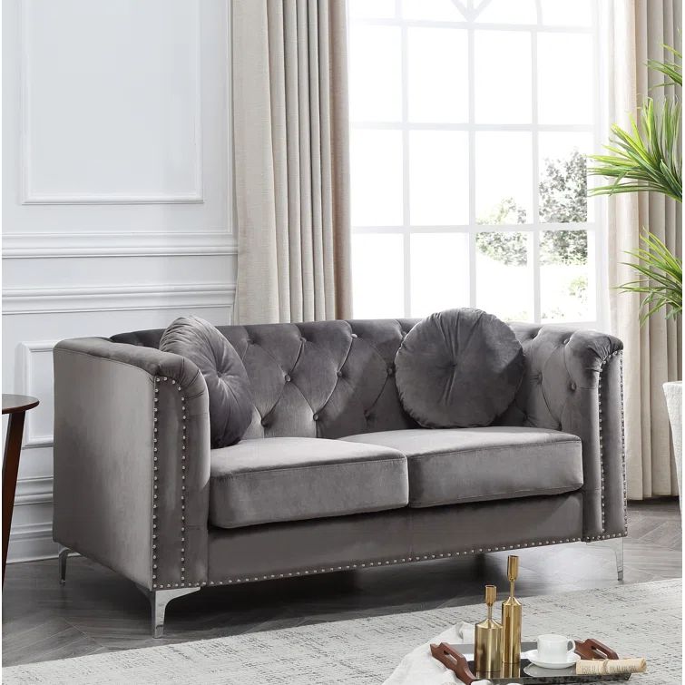 Dark Gray Velvet Tufted Loveseat with Nailhead Trim