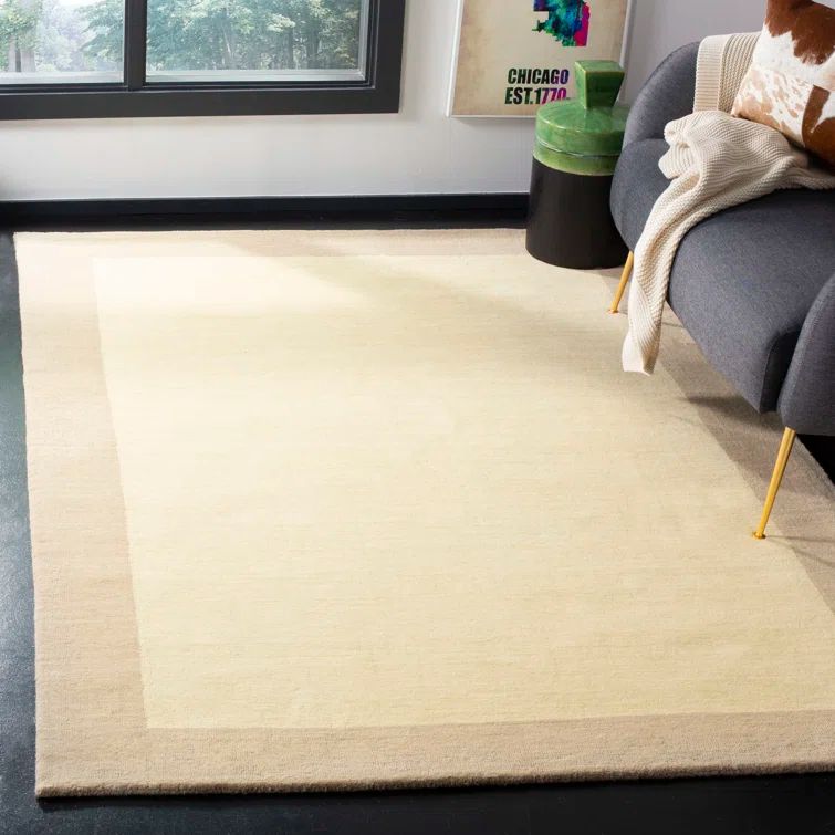 Ivory Beige Hand-Knotted Wool Rectangular Rug, 5' x 8'