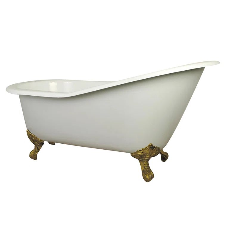 White Cast Iron Single Slipper Clawfoot Tub with Polished Brass Feet