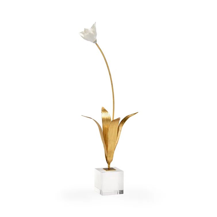 Matte White Ceramic Tulip Sculpture on Crystal Stand