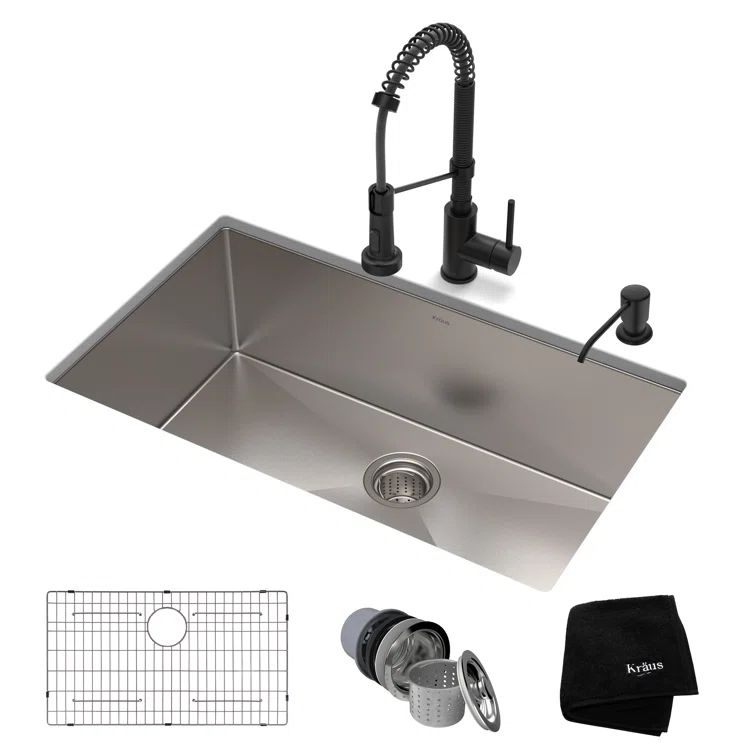 30" Satin Stainless Steel Undermount Kitchen Sink with Matte Black Faucet