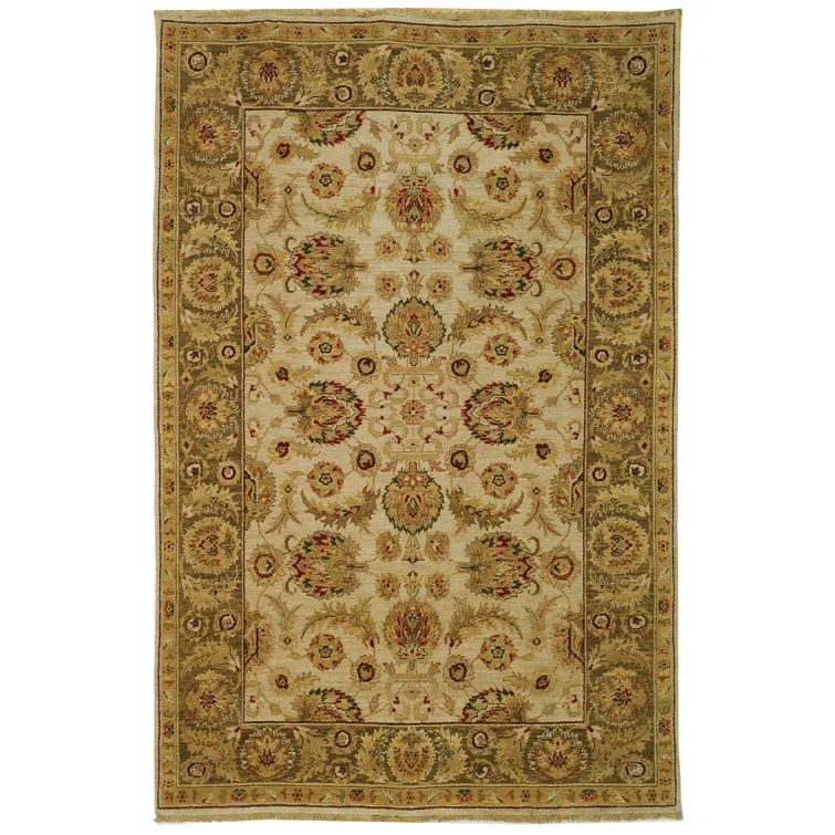 Ivory and Green Hand-Knotted Wool 8' x 10' Area Rug