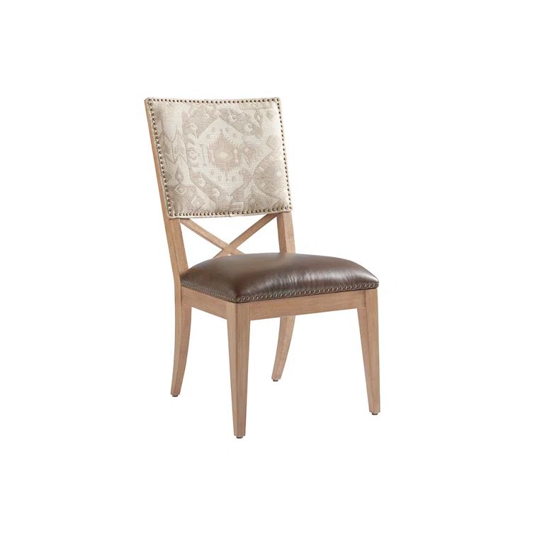 White Linen and Oak Cross Back Upholstered Side Chair