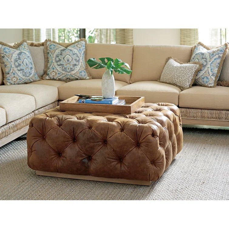 Traditional Brown Tufted Leather Cocktail Ottoman