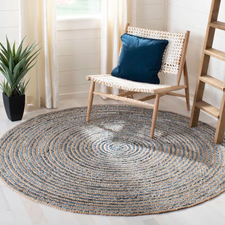 Cape Cod Blue and Natural Hand-Knotted Round Jute Rug