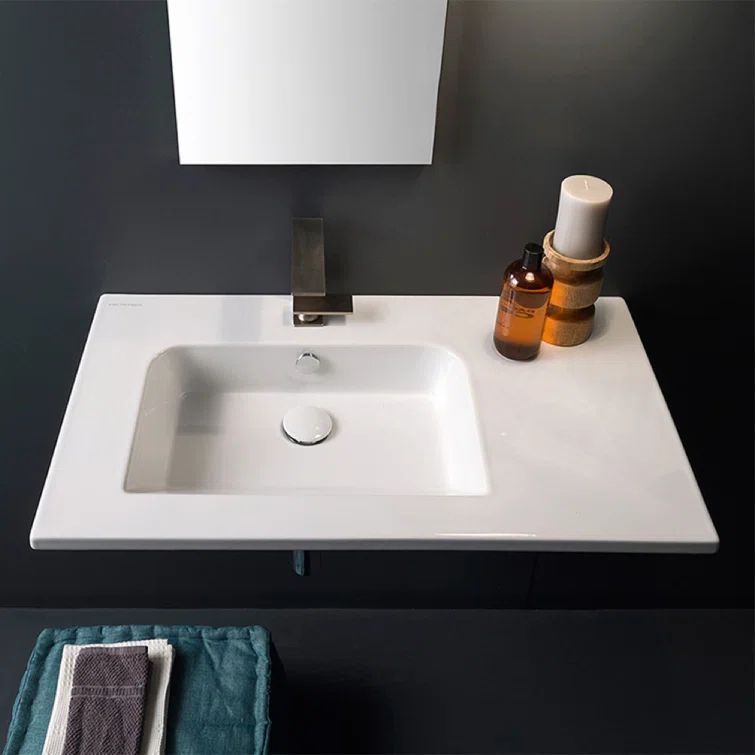 Glossy White Ceramic Rectangular Wall-Mounted Bathroom Sink