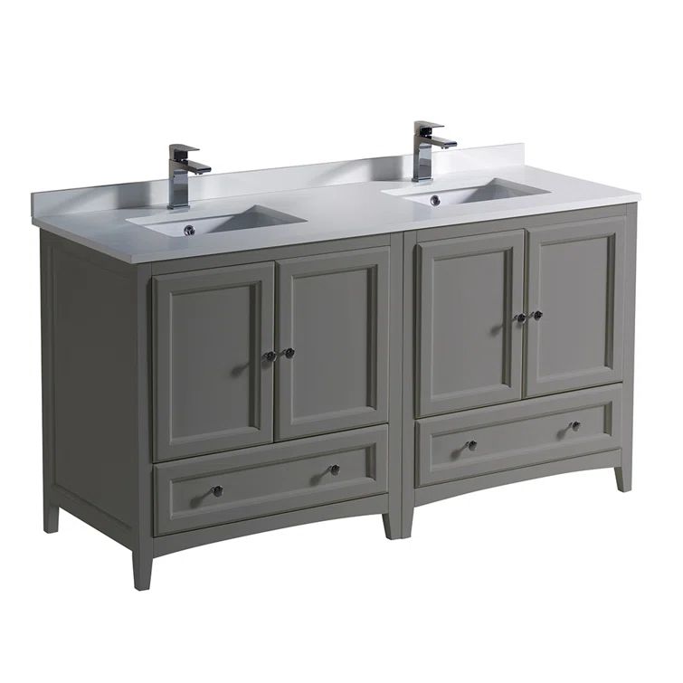 Oxford 60" Gray Quartz Stone Double Sink Freestanding Vanity