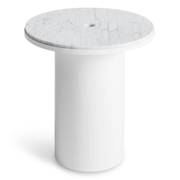 Carrara Marble Round Plateau Side Table with White Metal Base, 21" W