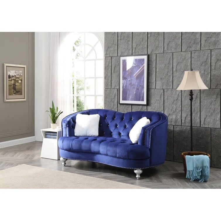 Blue Velvet Tufted Chesterfield Loveseat with Nailhead Trim