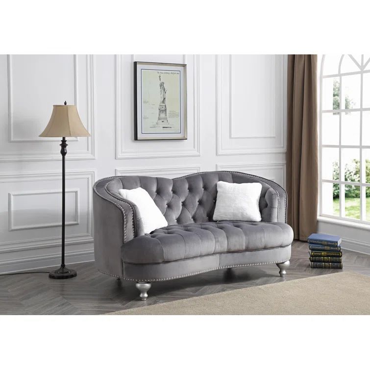Wellington Tufted Gray Velvet Chesterfield Loveseat with Nailhead Details
