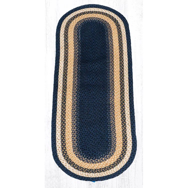 Handmade Oval Light Dark Blue/Mustard Braided Jute Runner Rug 2' x 6'