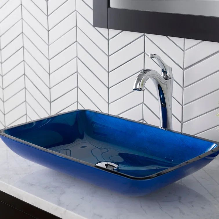 Irruption Blue Rectangular Glass Vessel Sink with Chrome Drain
