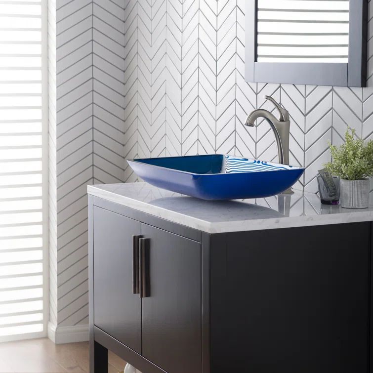 Fire-Blue Rectangular Tempered Glass Vessel Bathroom Sink