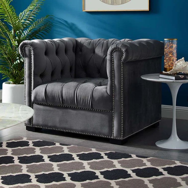 Heritage Gray Velvet Accent Chair with Manufactured Wood Frame