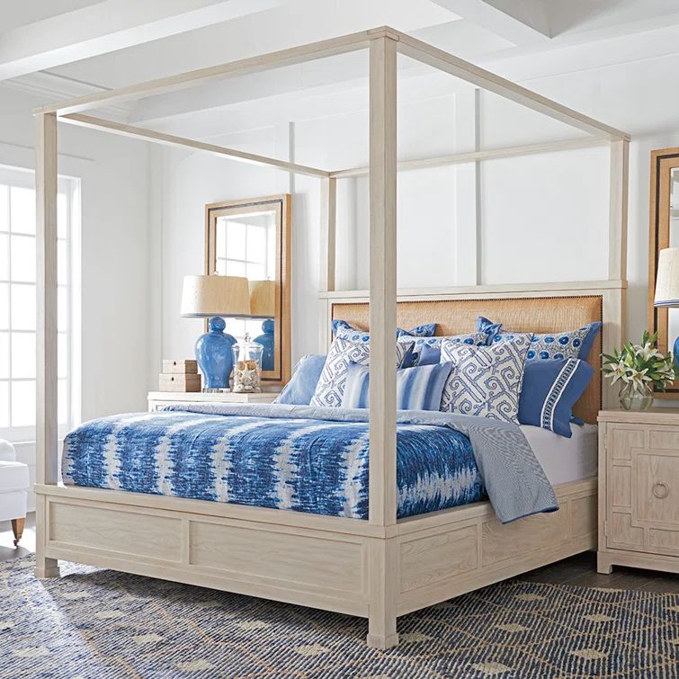 King-Sized Newport Cream and Brown Canopy Bed with Nailhead Trim
