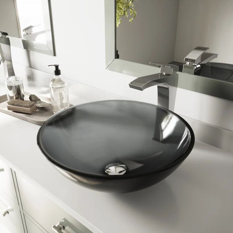 Giovanni Sheer Black Glass Round Vessel Bathroom Sink