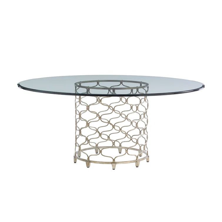 Contemporary Bollinger 72" Round Glass Dining Table with Silver Leaf Base